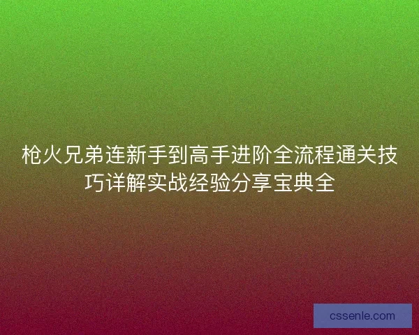 枪火兄弟连新手到高手进阶全流程通关技巧详解实战经验分享宝典全