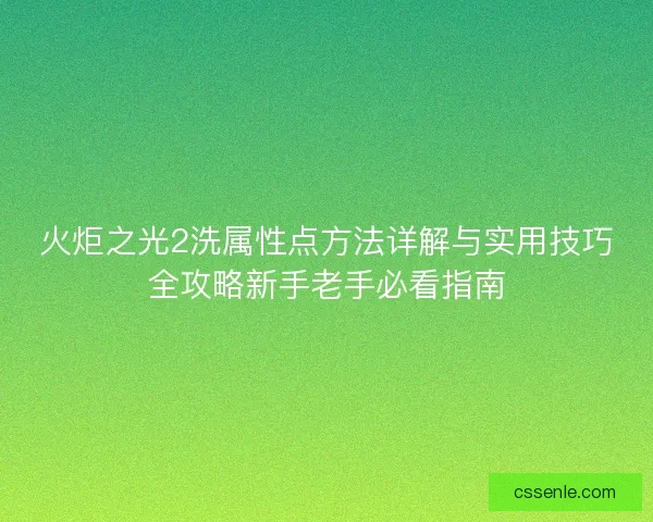 火炬之光2洗属性点方法详解与实用技巧全攻略新手老手必看指南